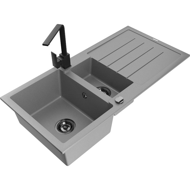 Mexen Andres granite sink 1.5-bowl with drainer and Rita kitchen tap, grey - 6515-71-670300-70-B