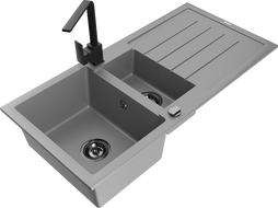 Mexen Andres granite sink 1.5-bowl with drainer and Rita kitchen tap, grey - 6515-71-670300-70-B