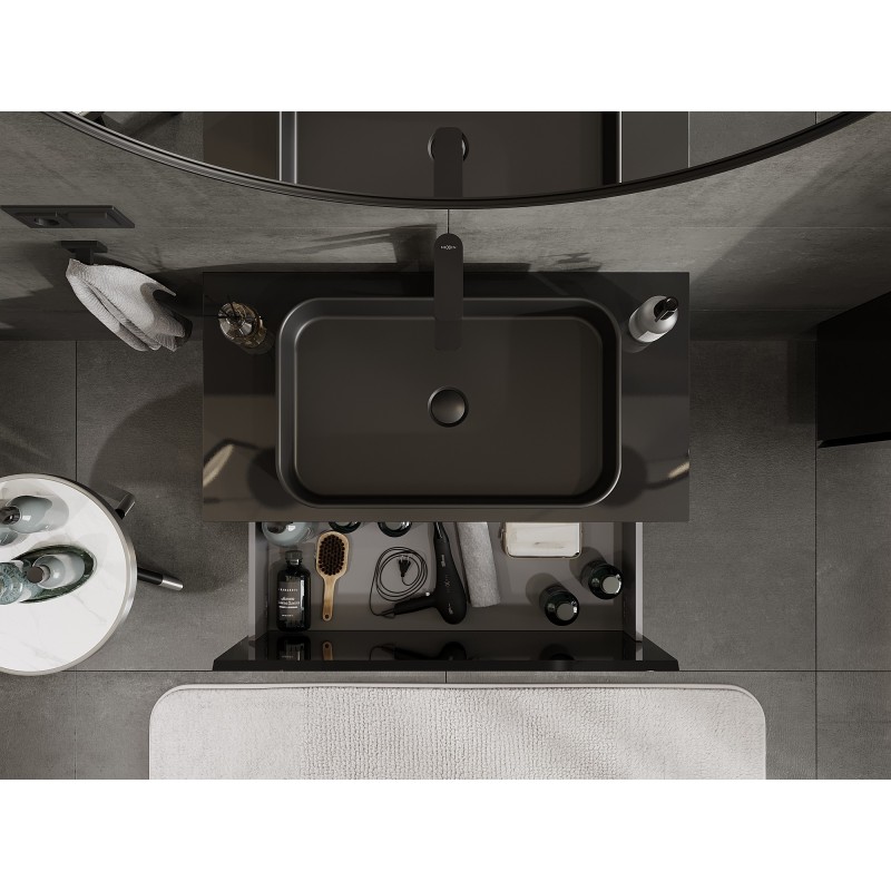 Mexen Orio armario de baño bajo lavabo de 90 cm con encimera, 1 cajón, negro brillo - 91A10-09047-1-BFC70