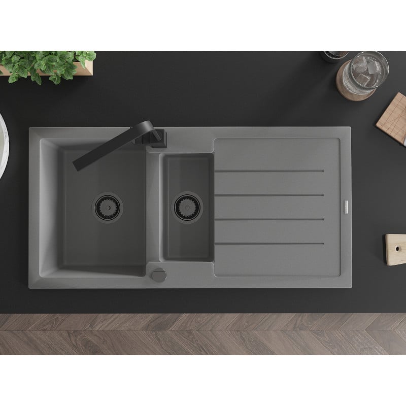 Mexen Andres lava-louça de granito 1,5 bacias com escorredor e torneira de cozinha Rita, cinza - 6515-71-670300-70-B