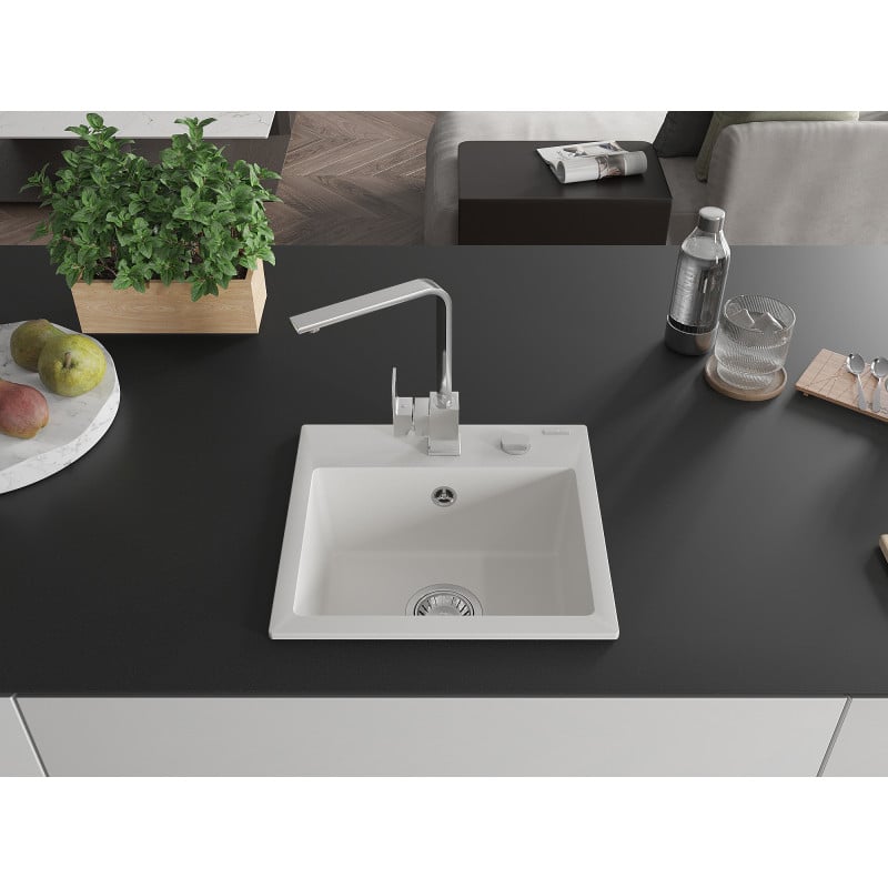 Mexen Milo 1-bowl granite sink with Rita kitchen tap, white - 6505-20-670300-00