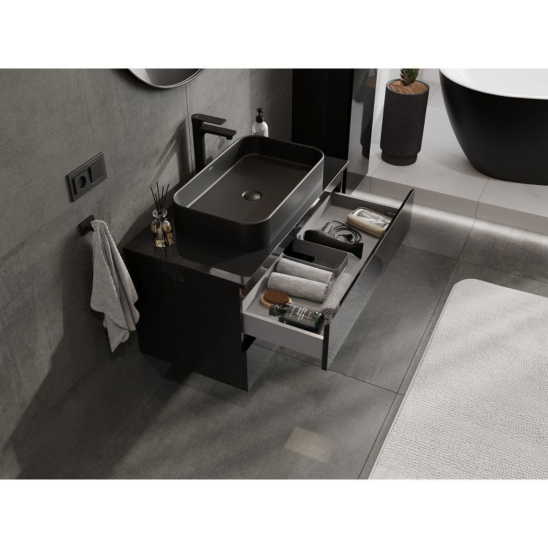 Mexen Orio 90 cm Bathroom Cabinet with Countertop, 2 Drawers, Black Gloss - 91A10-09047-2-BFFC70