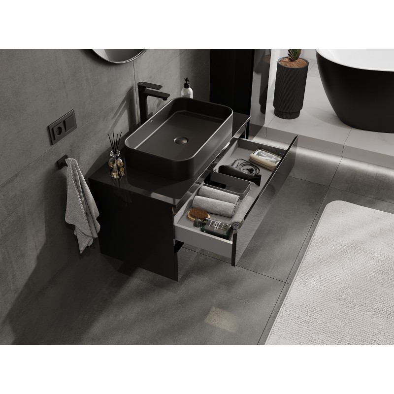 Mexen Orio gabinete de baño bajo lavabo de 90 cm con encimera, 2 cajones, negro brillo - 91A10-09047-2-BFFC70