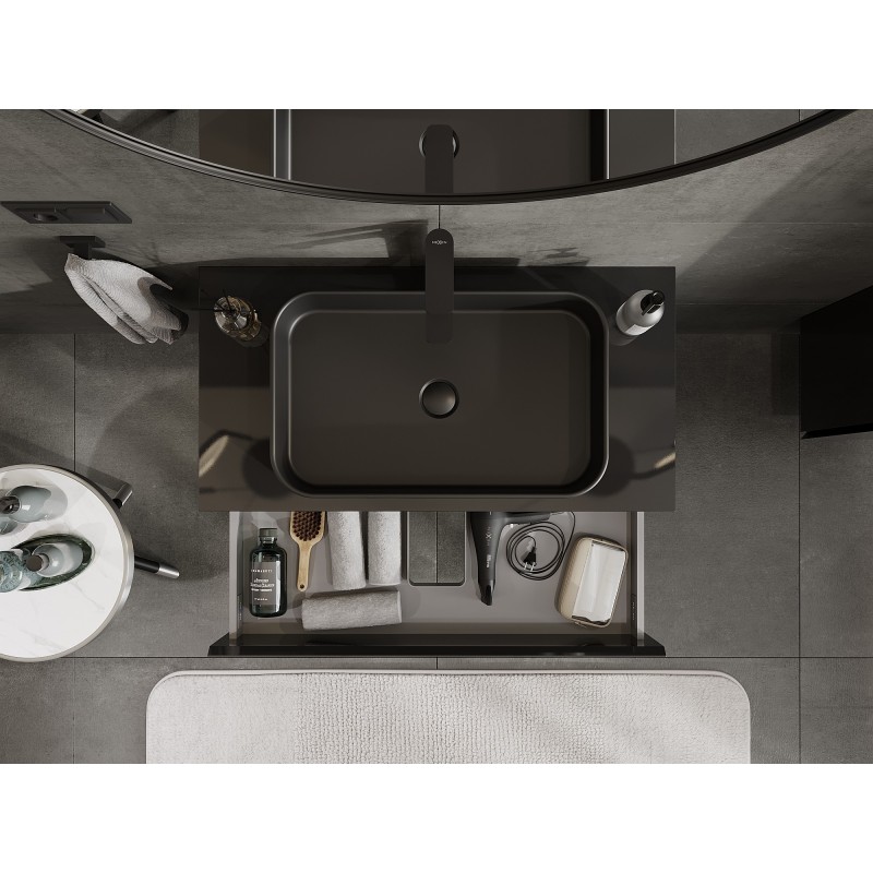 Mexen Orio gabinete de baño bajo lavabo de 90 cm con encimera, 2 cajones, negro brillo - 91A10-09047-2-BFFC70
