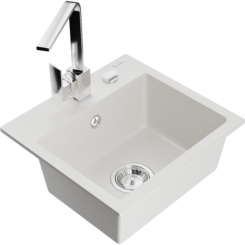 Mexen Milo 1-bowl granite sink with Rita kitchen tap, white - 6505-20-670300-00