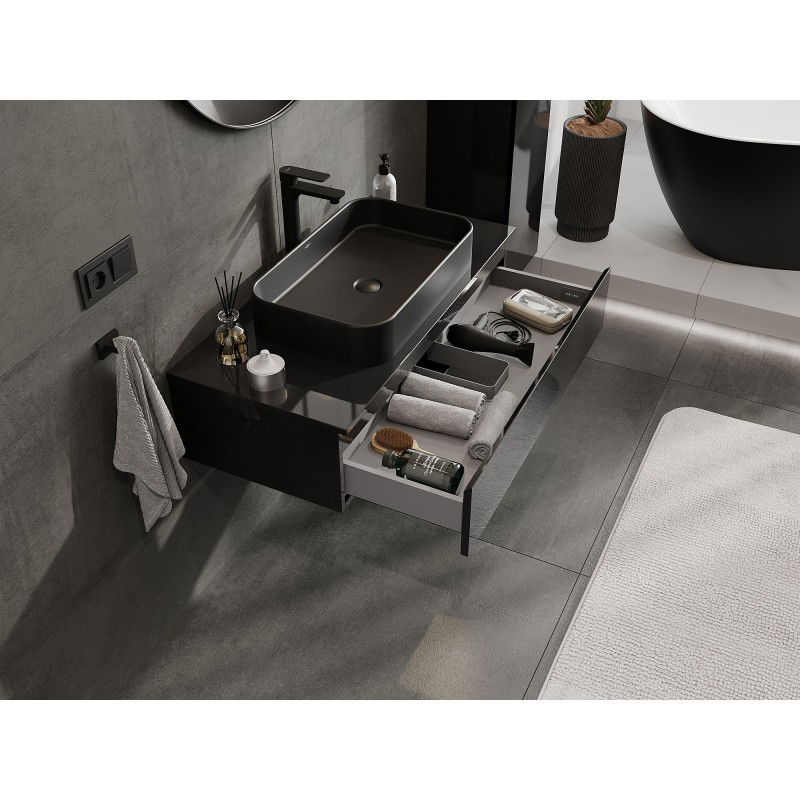 Mexen Orio Badezimmerschrank für Waschbecken 100 cm mit Arbeitsplatte, 1 Schublade, schwarz glänzend - 91A10-10023-1-BFC70