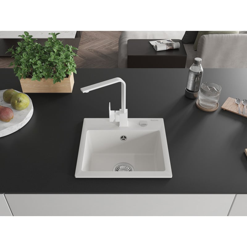 Mexen Milo granite kitchen sink 1-bowl with Rita kitchen tap, white - 6505-20-670300-20