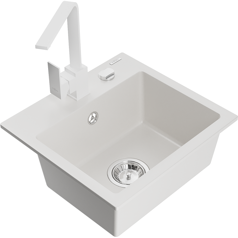 Mexen Milo lava-loiça de granito de 1-bacia com torneira de cozinha Rita, branco - 6505-20-670300-20
