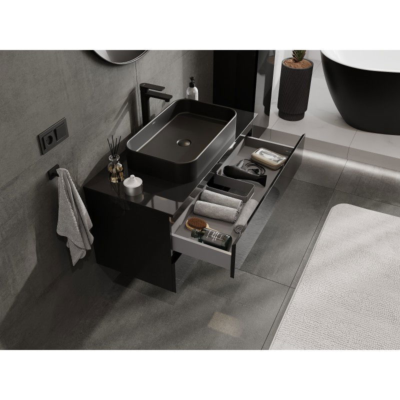 Mexen Orio Badezimmerschrank 100 cm mit Waschtischplatte, 2 Schubladen, schwarz glänzend - 91A10-10047-2-BFFC70
