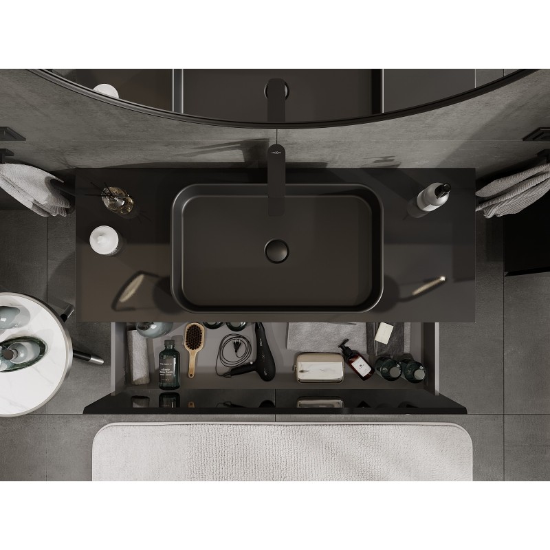 Mexen Orio Badezimmerschrank für Waschbecken 120 cm mit Arbeitsplatte, 1 Schublade, schwarz glänzend - 91A10-12047-1-BFC70