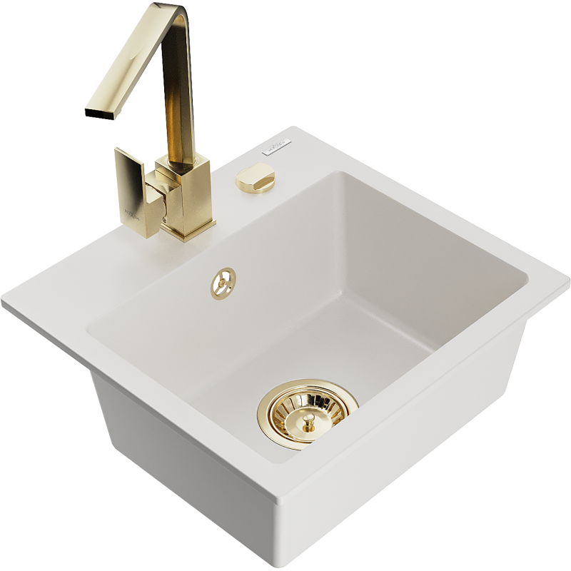 Mexen Milo fregadero de granito de 1 cubeta con grifo de cocina Rita, blanco - 6505-20-670300-50