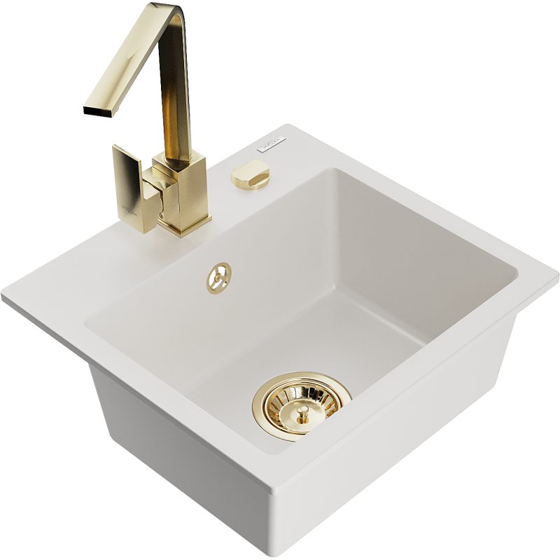 Mexen Milo granite kitchen sink 1-bowl with Rita kitchen tap, white - 6505-20-670300-50