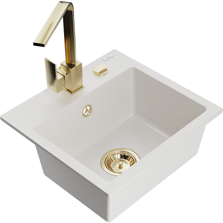 Mexen Milo granite kitchen sink 1-bowl with Rita kitchen tap, white - 6505-20-670300-50
