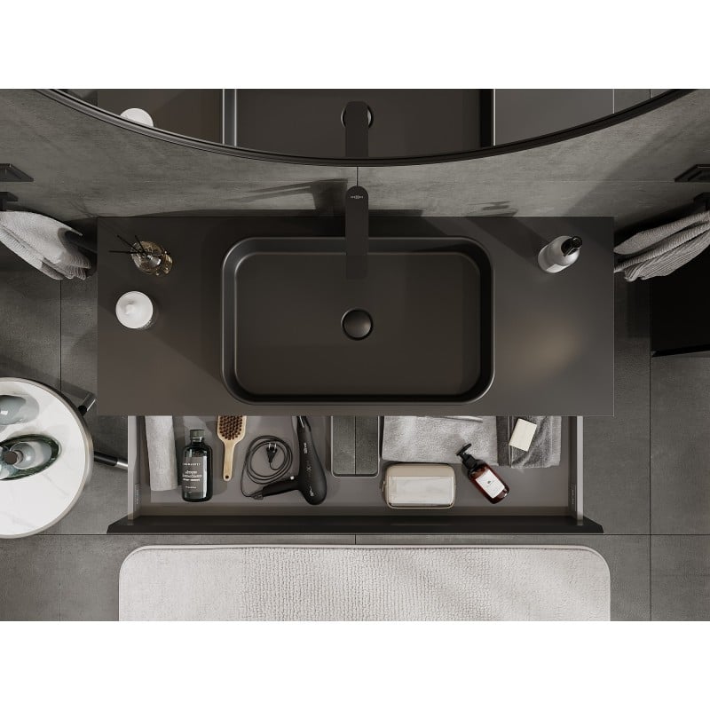 Mexen Orio Badezimmerschrank für Waschbecken 120 cm mit Arbeitsplatte, 2 Schubladen, schwarz matt - 91A10-12047-2-BFFC71