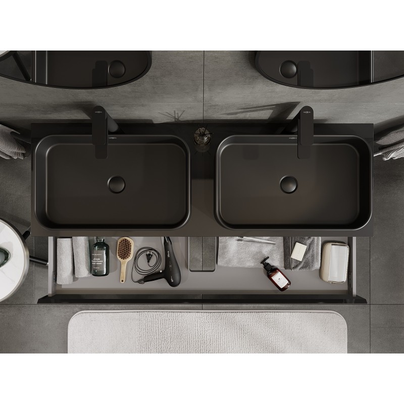 Mexen Orio mueble de baño bajo lavabo de 140 cm con encimera, 1 cajón, negro brillo - 91A10-14023-1-BFC70