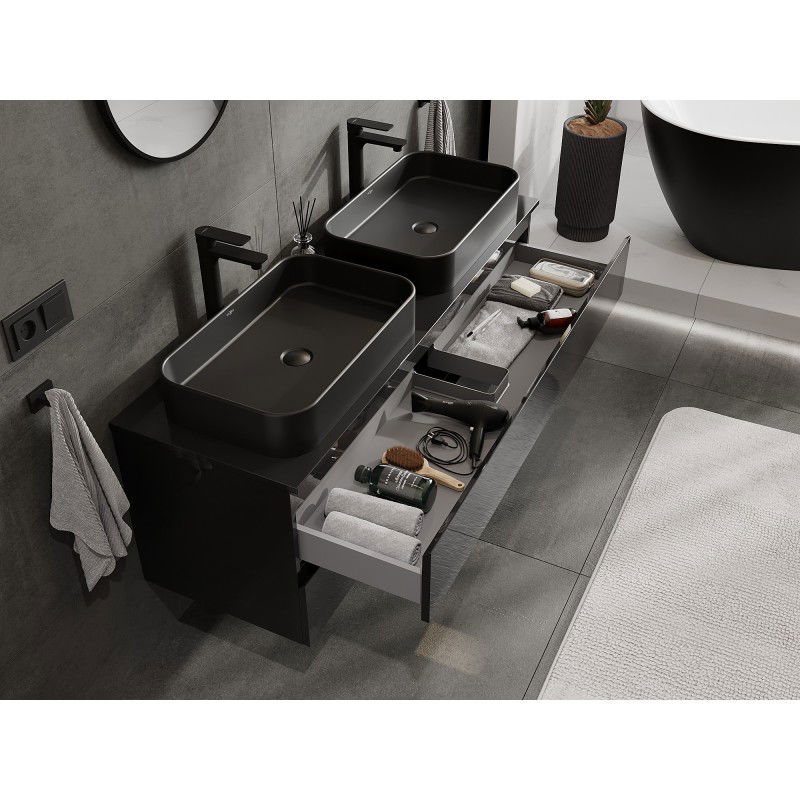 Mexen Orio armoire de salle de bain sous-vasque 140 cm avec plateau, 2 tiroirs, noir brillant - 91A10-14047-2-BFFC70