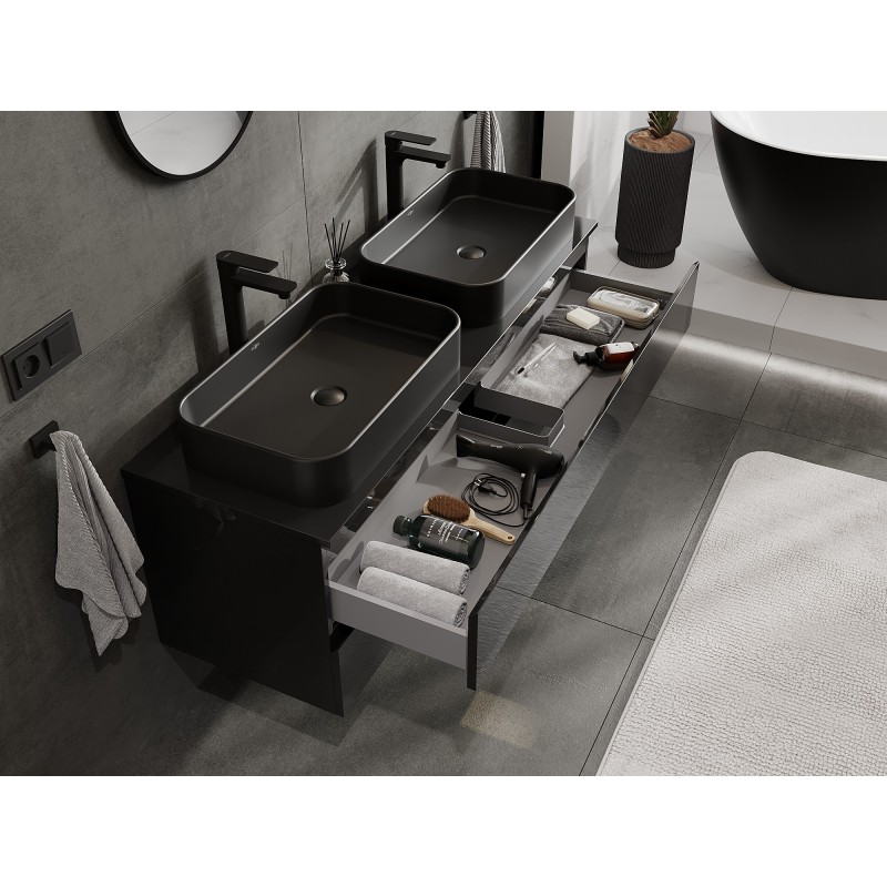 Mexen Orio mueble de baño para lavabo de 140 cm con encimera, 2 cajones, negro brillo - 91A10-14047-2-BFFC70