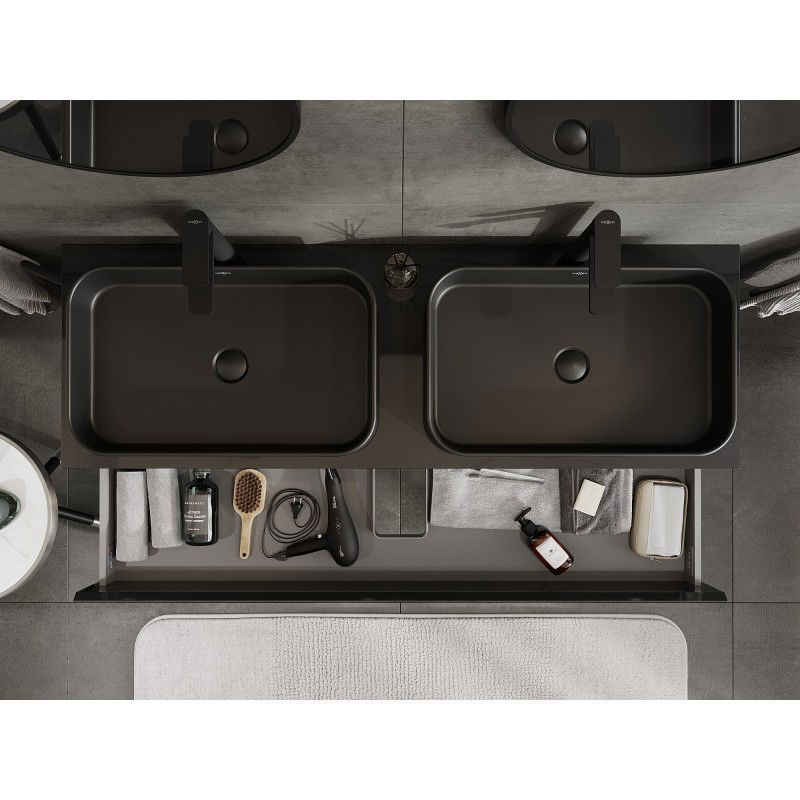 Mexen Orio 140 cm Under-Sink Bathroom Cabinet with Countertop, 2 Drawers, Black Gloss - 91A10-14047-2-BFFC70