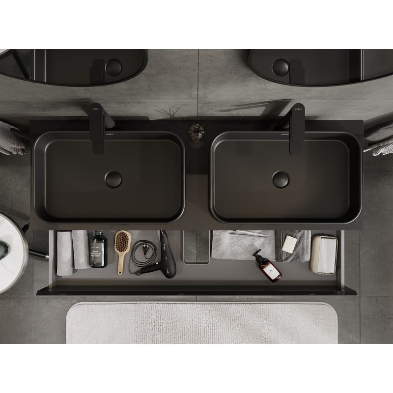 Mexen Orio armoire de salle de bain sous-vasque 140 cm avec plateau, 2 tiroirs, noir brillant - 91A10-14047-2-BFFC70