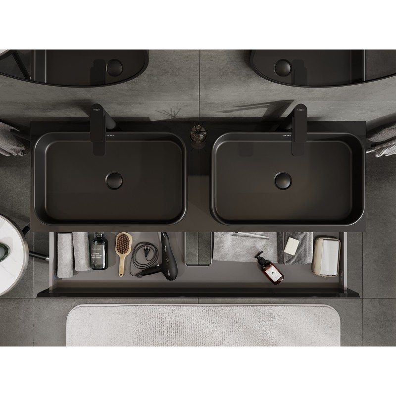 Mexen Orio mueble de baño para lavabo de 140 cm con encimera, 2 cajones, negro brillo - 91A10-14047-2-BFFC70