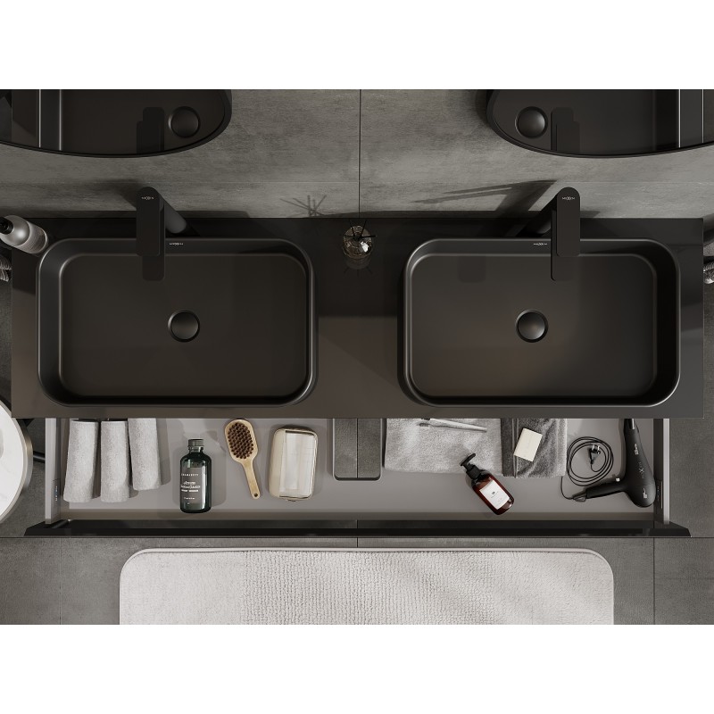 Mexen Orio gabinete de baño debajo del lavabo de 160 cm con encimera, 1 cajón, negro brillante - 91A10-16023-1-BFC70