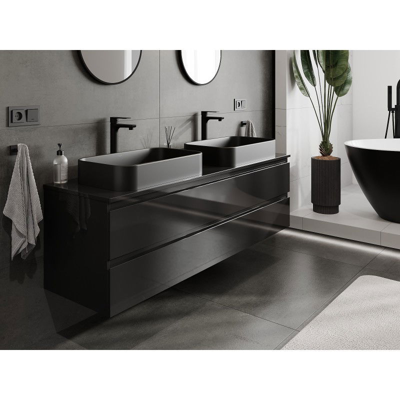Mexen Orio bathroom cabinet for sink 160 cm with countertop, 2 drawers, black gloss - 91A10-16047-2-BFFC70
