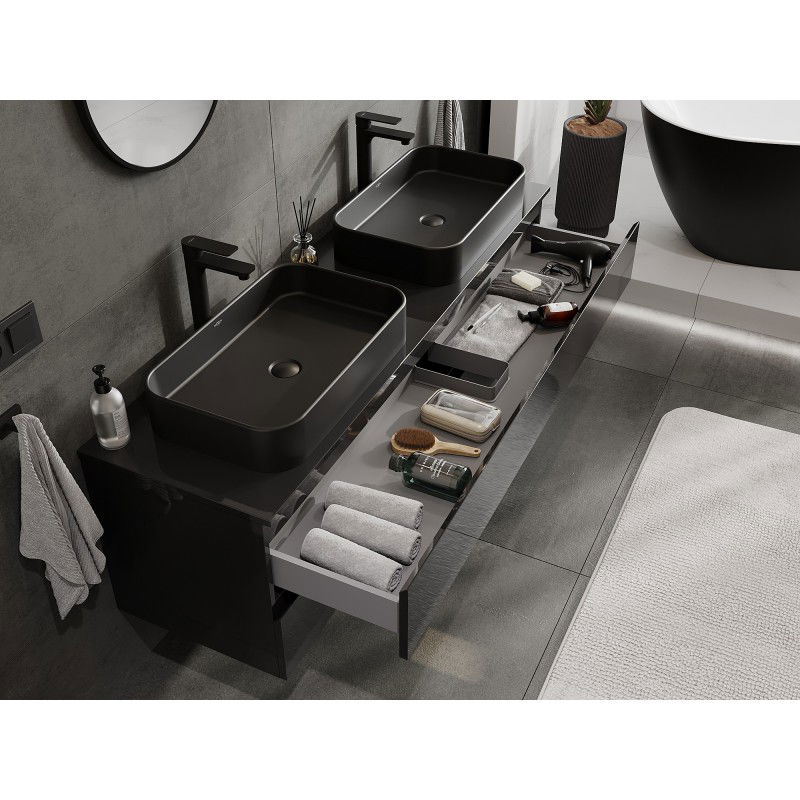 Mexen Orio meuble de salle de bains sous-lavabo 160 cm avec plan, 2 tiroirs, noir brillant - 91A10-16047-2-BFFC70