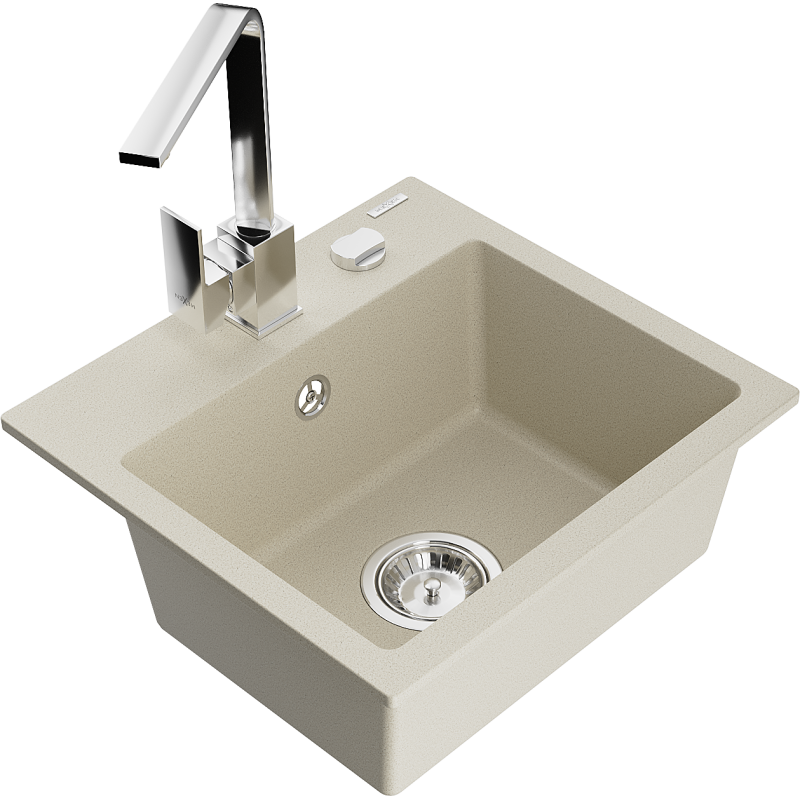 Mexen Milo fregadero de granito de 1 cubeta con grifo de cocina Rita, beige - 6505-69-670300-00