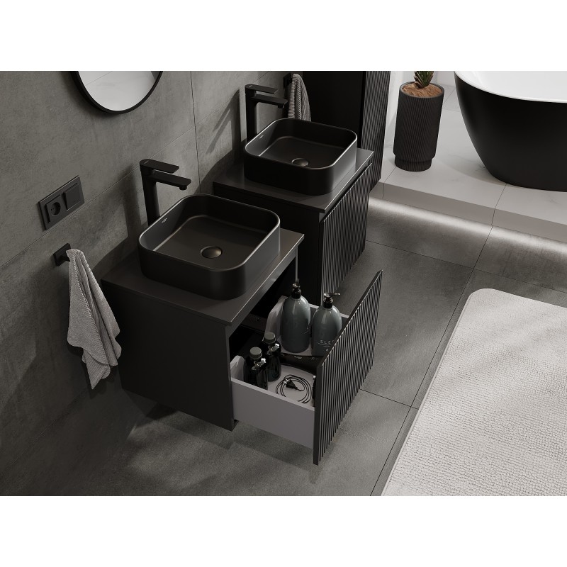 Mexen Rivel szafka łazienkowa podumywalkowa 50 cm z blatem, 1 szuflada, ryflowana , czarna mat - 91A20-05047-1-BFC71