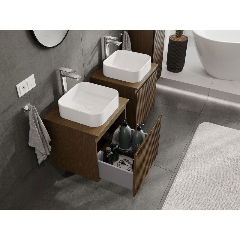 Mexen Rivel kopalniška omarica pod umivalnikom 50 cm z delovno površino, 1 predal, rebrasta, oreh - 91A20-05047-1-BFC86