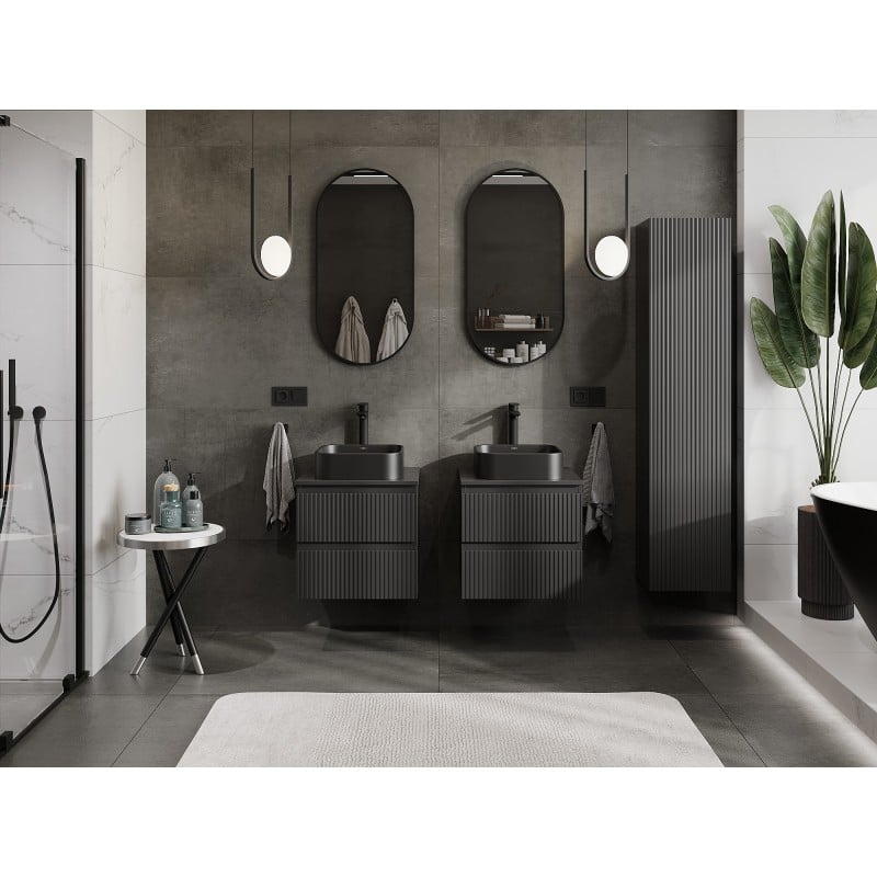 Mexen Rivel Badezimmer-Unterschrank 50 cm mit Platte, 2 Schubladen, geriffelt, schwarz matt - 91A20-05047-2-BFFC71