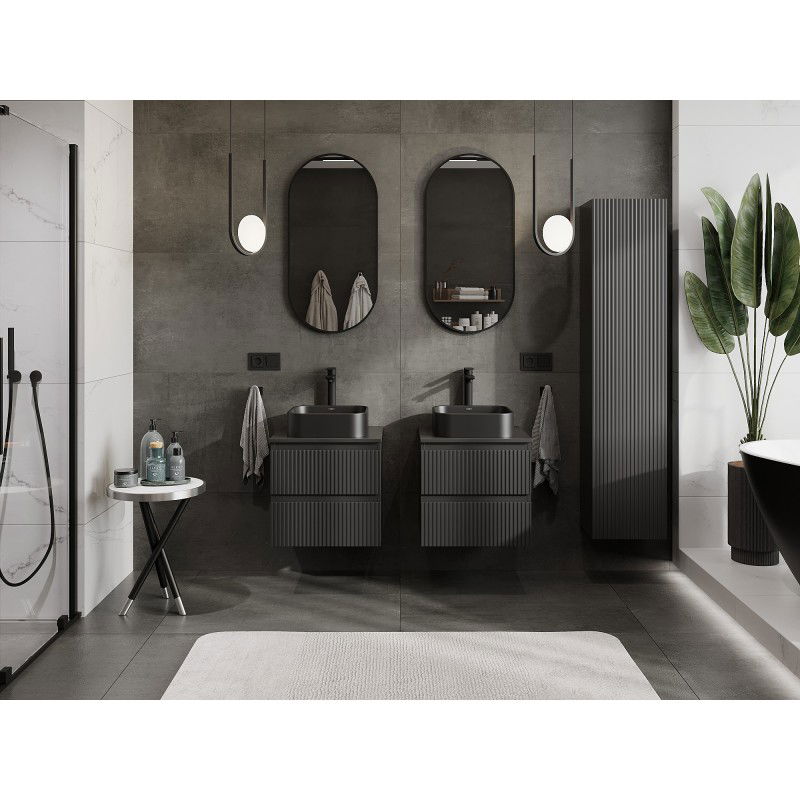 Mexen Rivel Buedzëmmer ënner-Waschtank 50 cm mat Uewerfläch, 2 Schief, ripeg, schwaarz matt - 91A20-05047-2-BFFC71