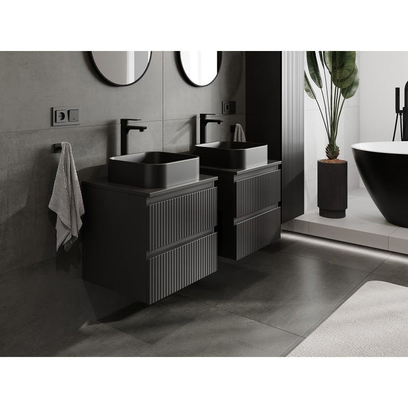 Mexen Rivel badkamerkast onder wastafel 50 cm met blad, 2 lades, geribbeld, zwart mat - 91A20-05047-2-BFFC71
