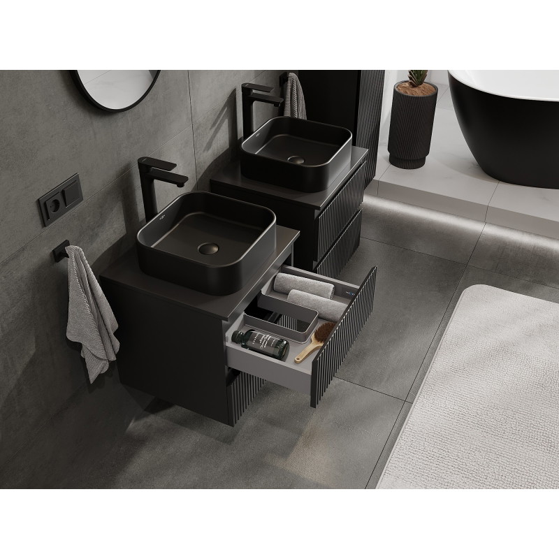 Mexen Rivel meuble de salle de bain sous-lavabo 50 cm avec plateau, 2 tiroirs, rainuré, noir mat - 91A20-05047-2-BFFC71