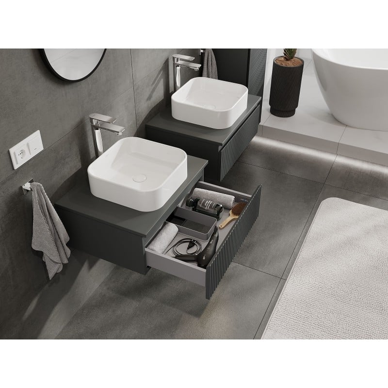 Mexen Rivel szafka łazienkowa podumywalkowa 60 cm z blatem, 1 szuflada, ryflowana , grafit mat - 91A20-06023-1-BFC66
