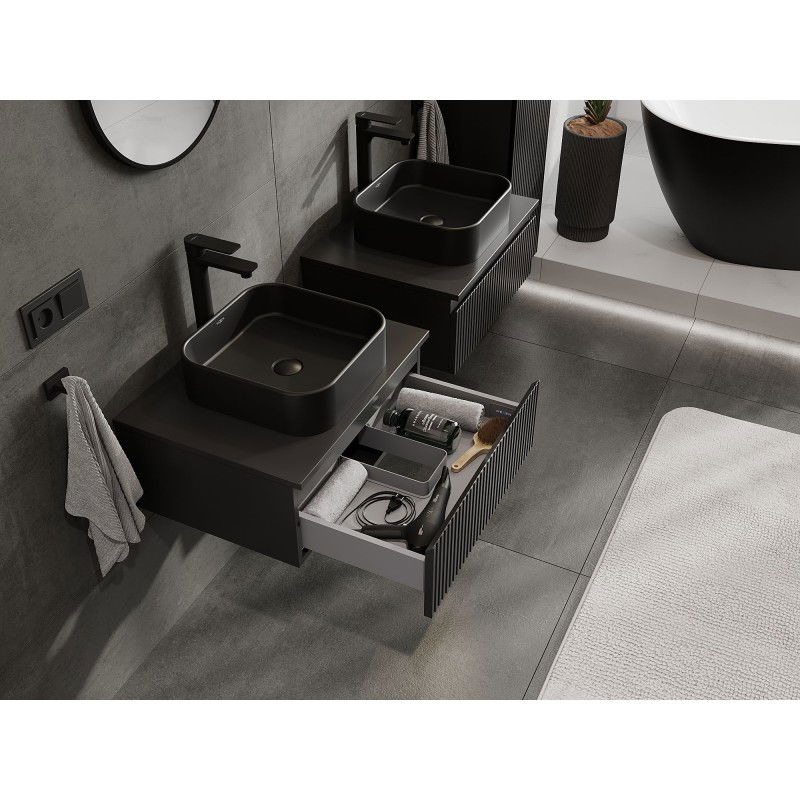 Mexen Rivel Badezimmerschrank 60 cm mit Arbeitsplatte, 1 Schublade, geriffelt, schwarz matt - 91A20-06023-1-BFC71