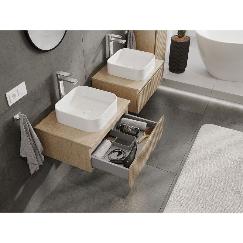 Mexen Rivel Badezimmerschrank 60 cm mit Waschbeckenplatte, 1 Schublade, profiliert, Eiche - 91A20-06023-1-BFC81