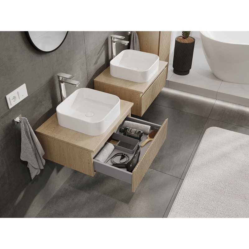 Mexen Rivel badkamerkast onder wastafel 60 cm met blad, 1 lade, geribd, eik - 91A20-06023-1-BFC81