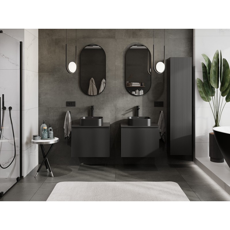Mexen Rivel szafka łazienkowa podumywalkowa 60 cm z blatem, 1 szuflada, ryflowana , czarna mat - 91A20-06047-1-BFC71