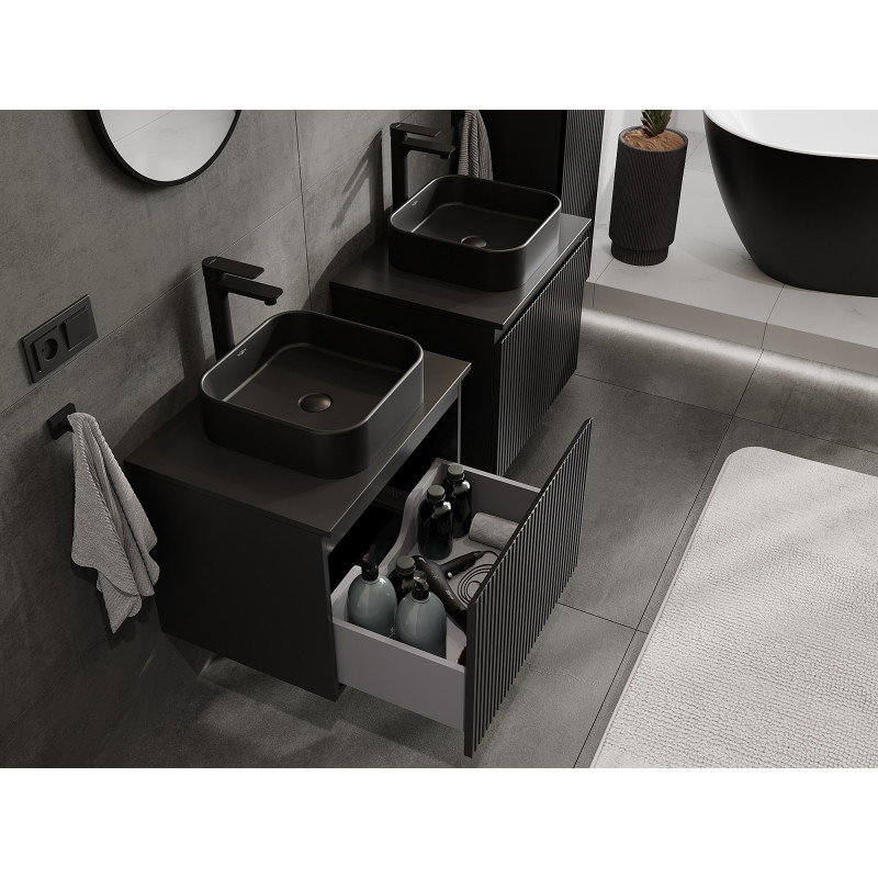 Mexen Rivel armoire de salle de bain sous-vasque 60 cm avec plateau, 1 tiroir, nervurée, noir mat - 91A20-06047-1-BFC71