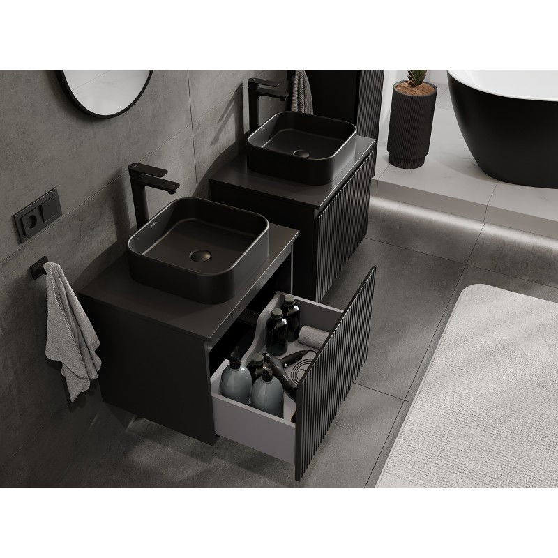 Mexen Rivel meuble de salle de bain sous-lavabo 60 cm avec plateau, 1 tiroir, rainuré, noir mat - 91A20-06047-1-BFC71