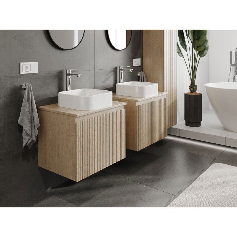 Mexen Rivel Badezimmerunterschrank 60 cm mit Arbeitsplatte, 1 Schublade, geriffelt, Eiche - 91A20-06047-1-BFC81