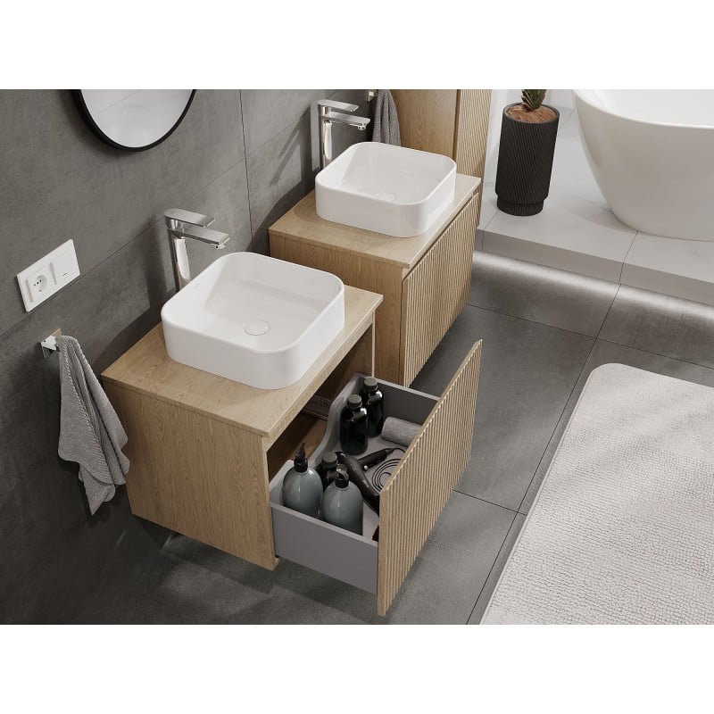 Mexen Rivel szafka łazienkowa podumywalkowa 60 cm z blatem, 1 szuflada, ryflowana , dąb - 91A20-06047-1-BFC81
