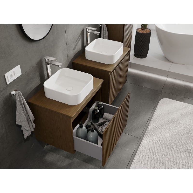 Mexen Rivel szafka łazienkowa podumywalkowa 60 cm z blatem, 1 szuflada, ryflowana , orzech - 91A20-06047-1-BFC86