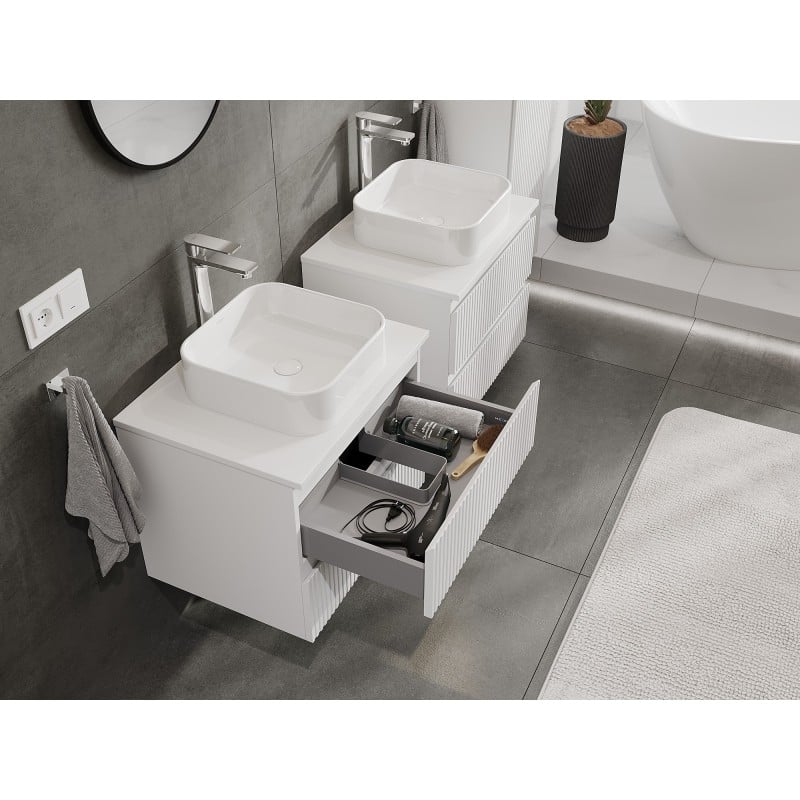 Mexen Rivel szafka łazienkowa podumywalkowa 60 cm z blatem, 2 szuflady, ryflowana , biała mat - 91A20-06047-2-BFFC01