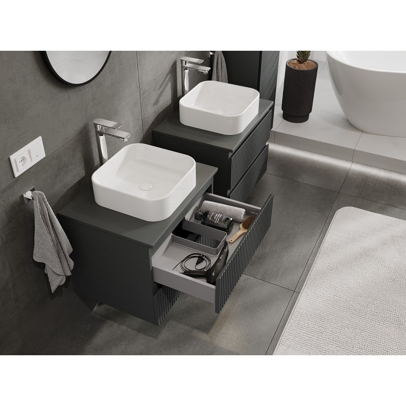 Mexen Rivel szafka łazienkowa podumywalkowa 60 cm z blatem, 2 szuflady, ryflowana , grafit mat - 91A20-06047-2-BFFC66