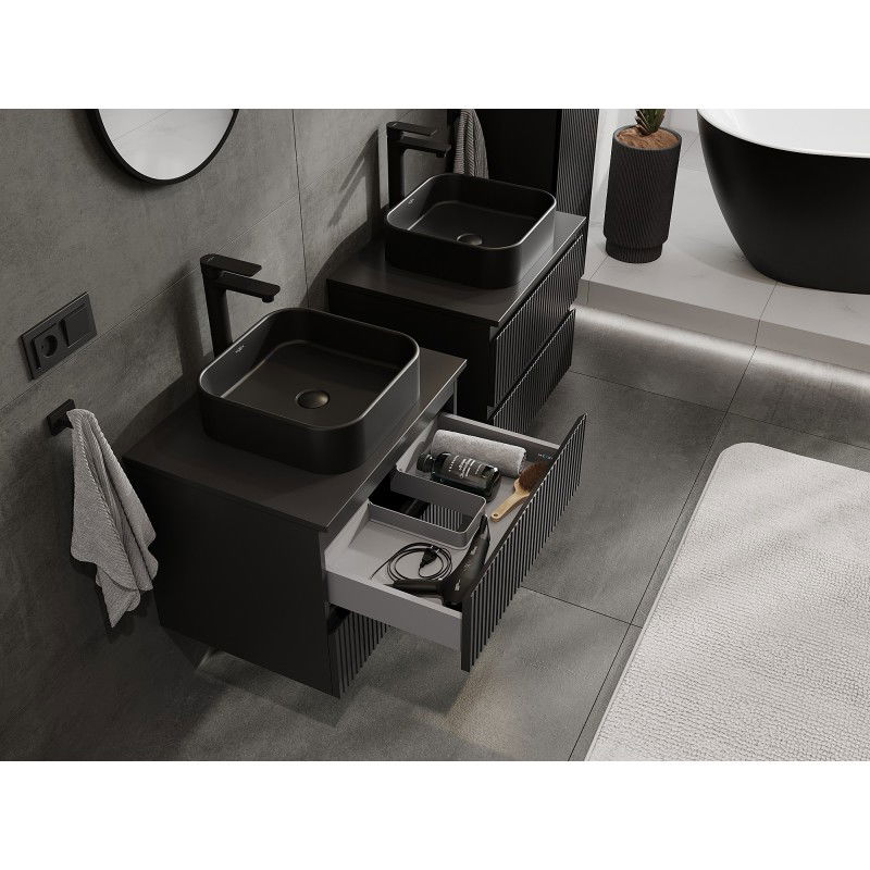Mexen Rivel bathroom cabinet for washbasin 60 cm with countertop, 2 drawers, fluted, black matt - 91A20-06047-2-BFFC71