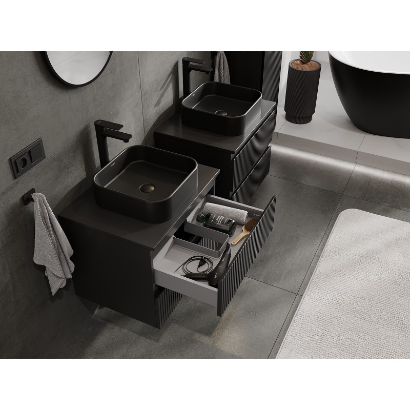 Mexen Rivel mobile da bagno sotto lavabo 60 cm con piano, 2 cassetti, scanalato, nero opaco - 91A20-06047-2-BFFC71