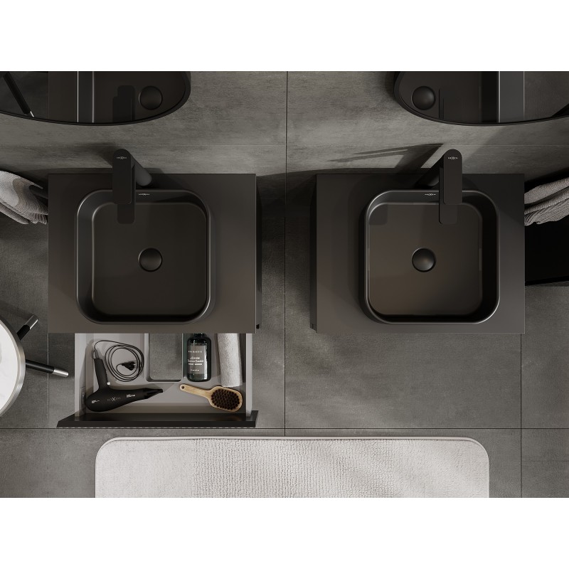 Mexen Rivel mueble de baño bajo lavabo de 60 cm con encimera, 2 cajones, acanalado, negro mate - 91A20-06047-2-BFFC71