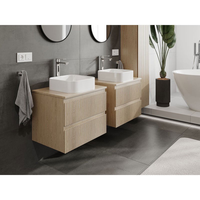 Mexen Rivel Badezimmer-Unterschrank 60 cm mit Arbeitsplatte, 2 Schubladen, geriffelt, Eiche - 91A20-06047-2-BFFC81